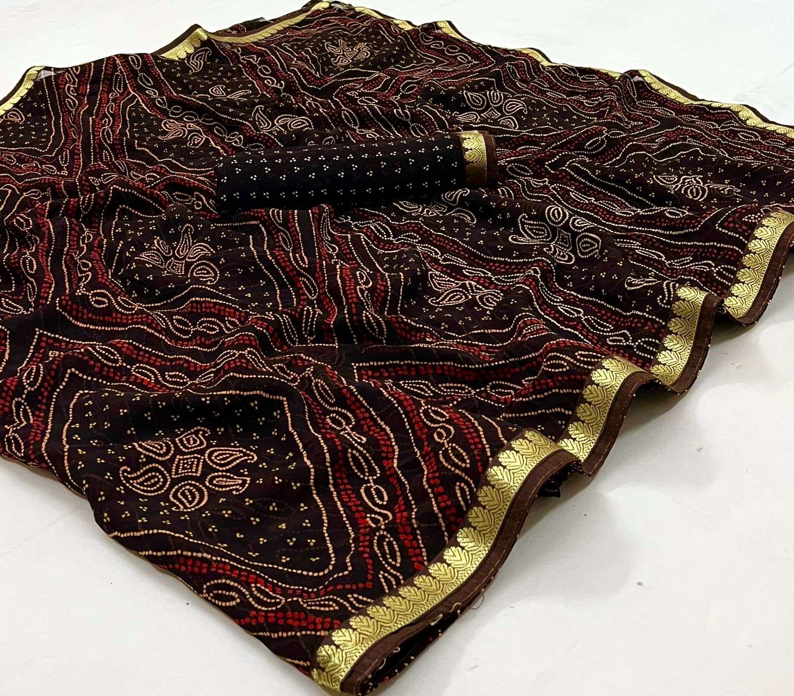 chiffon with Bandhani print and weaving lace border sarees a...