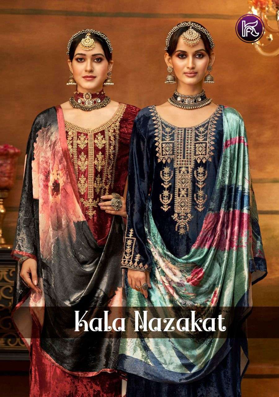 KALA NAZAKAT PURE VELVET DYED WITH EMBROIDERY NECK AND PATTI...