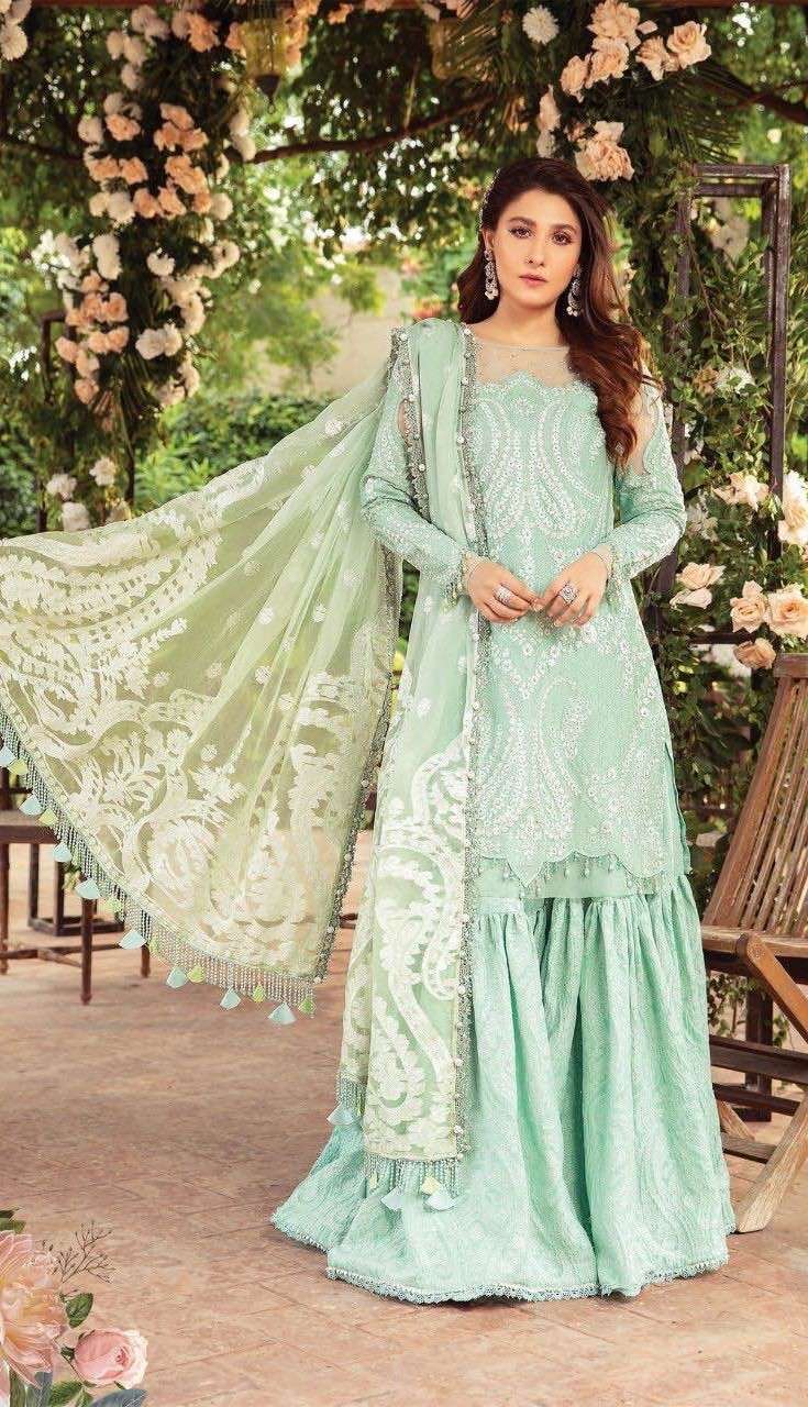 SATEEN MARIA.B FAUX GEORGETTE HEAVY EMBROIDERED SALWAR SUITS...