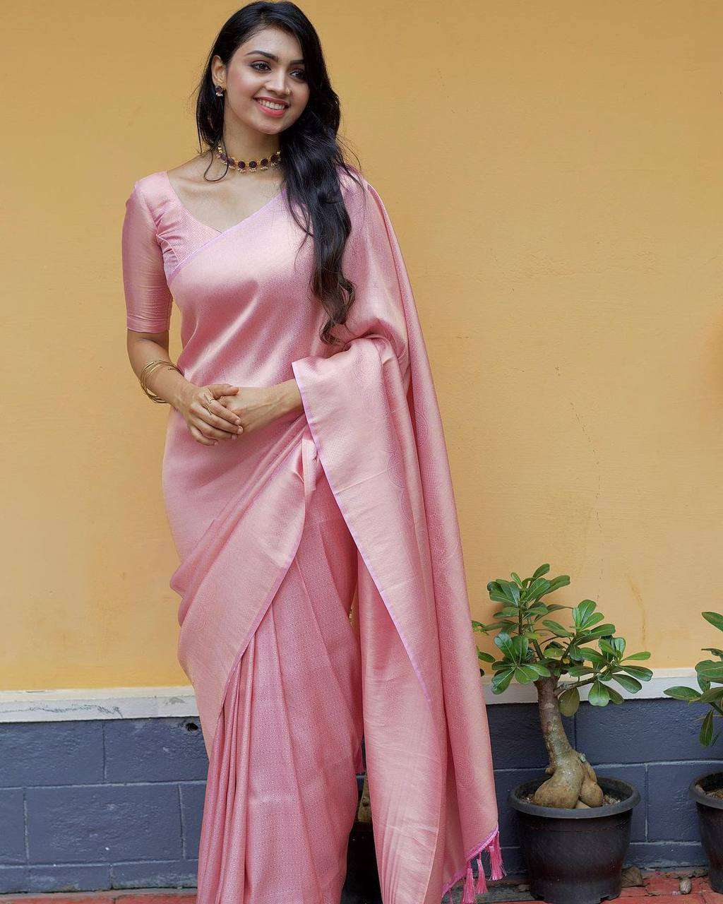 Baby Pink color soft banarasi silk with Classic look saree c...