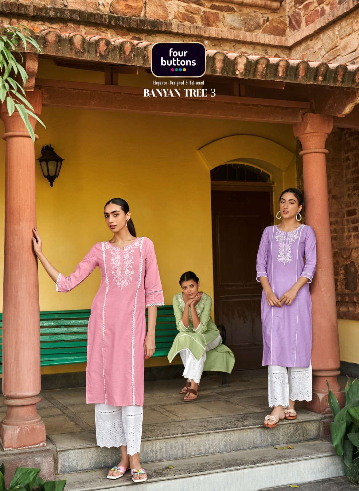 FOUR BUTTONS BANYAN TREE 3 COTTON WITH HEAVY EMBROIDERY KURT...