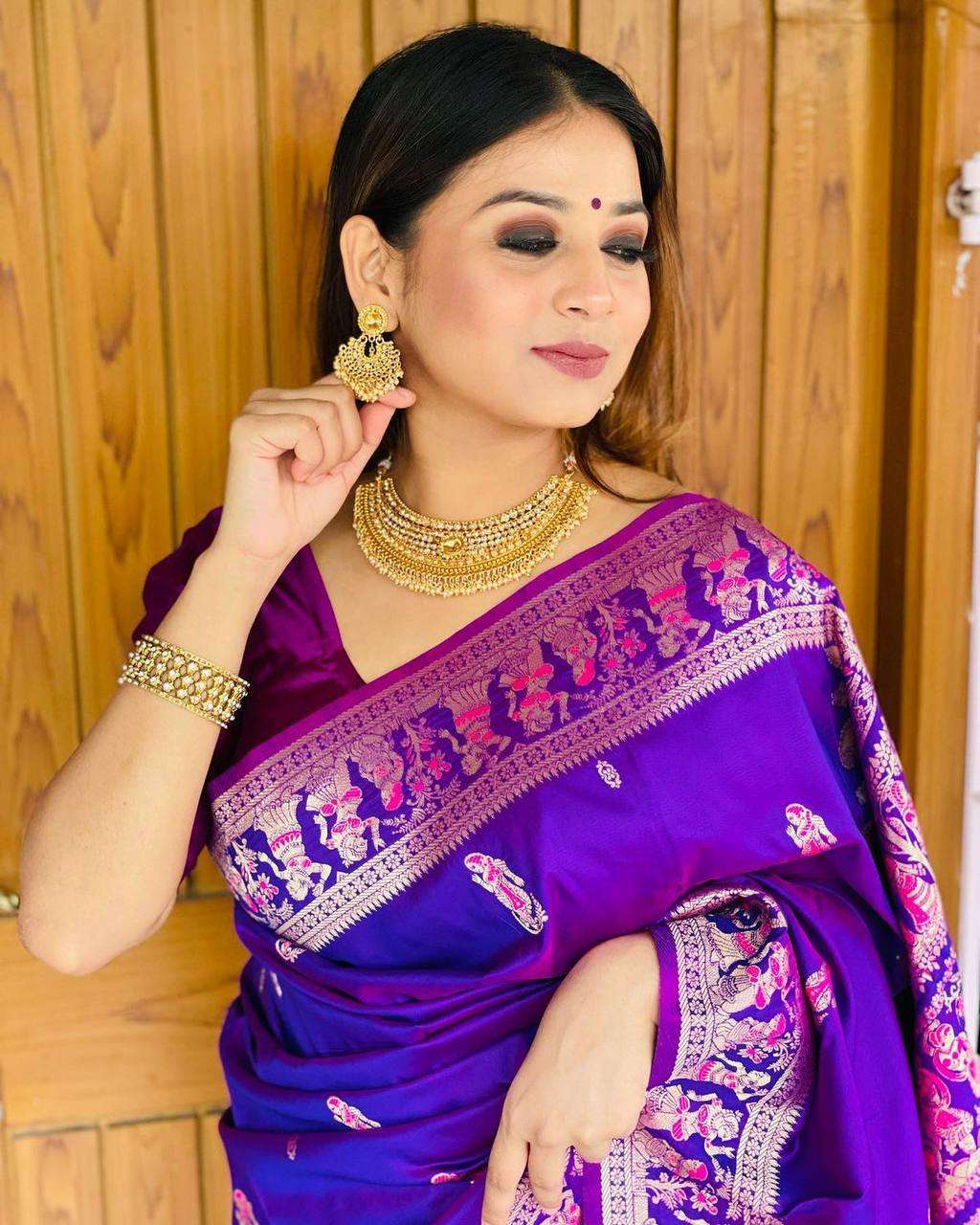 Violet color banrasi silk with weaving design Saree collecti...