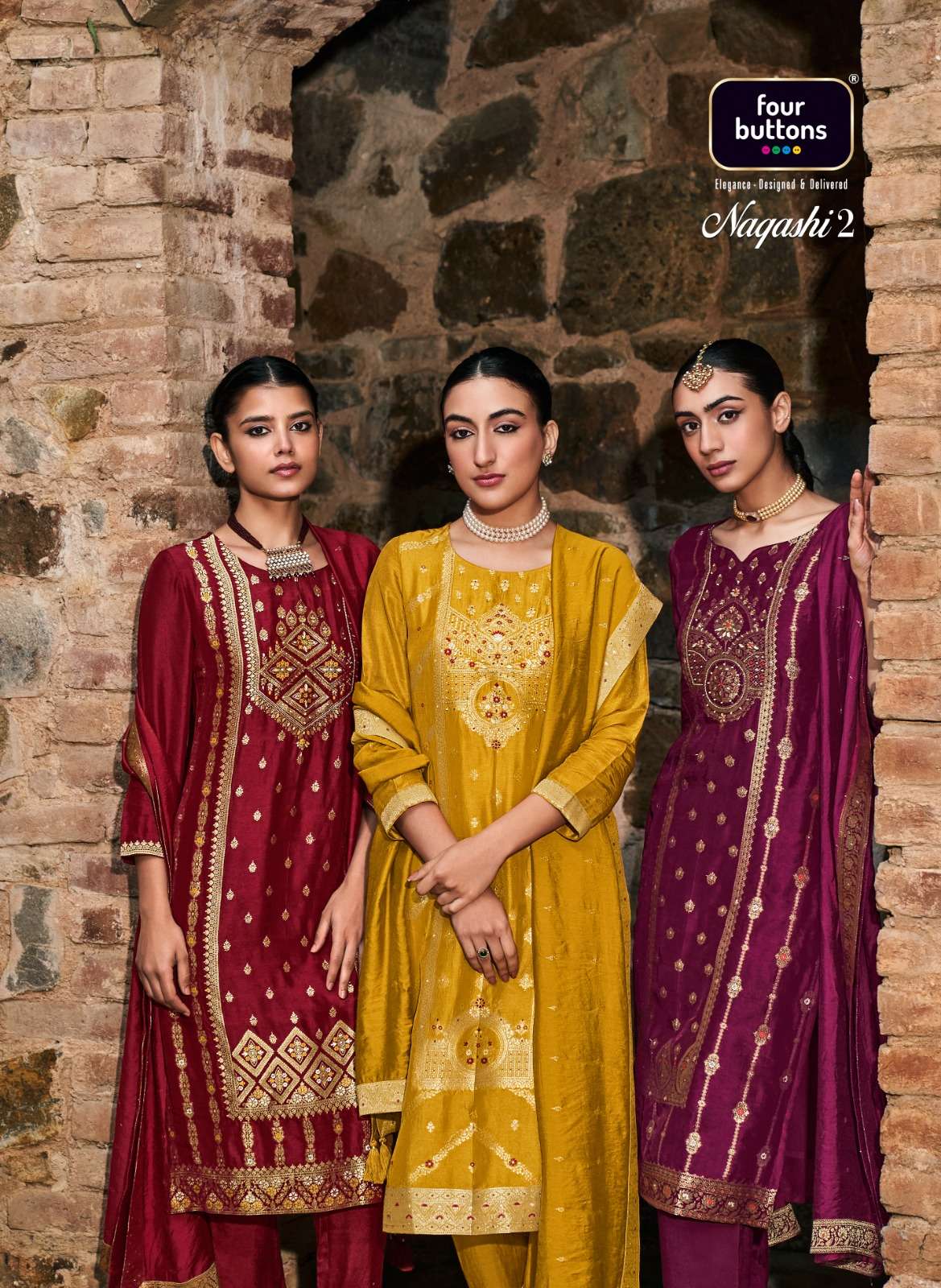 FOUR BUTTONS NAQASHI VOL 2 PURE DOLA SILK READYMADE SUITS WH...