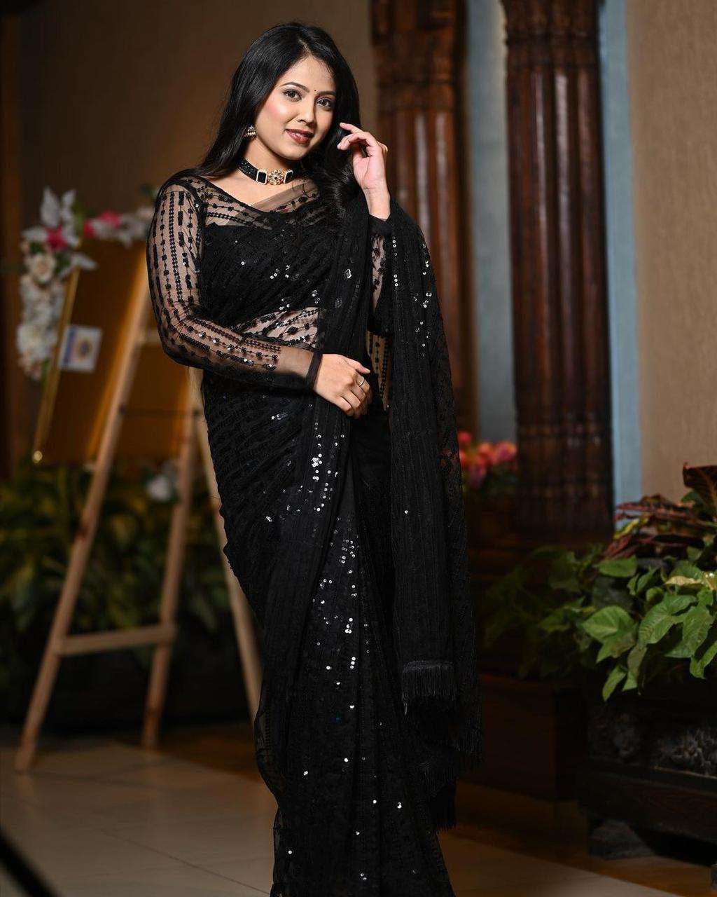 Bollywood Stlye Black color Nylone Butterfly Net with Sequen...