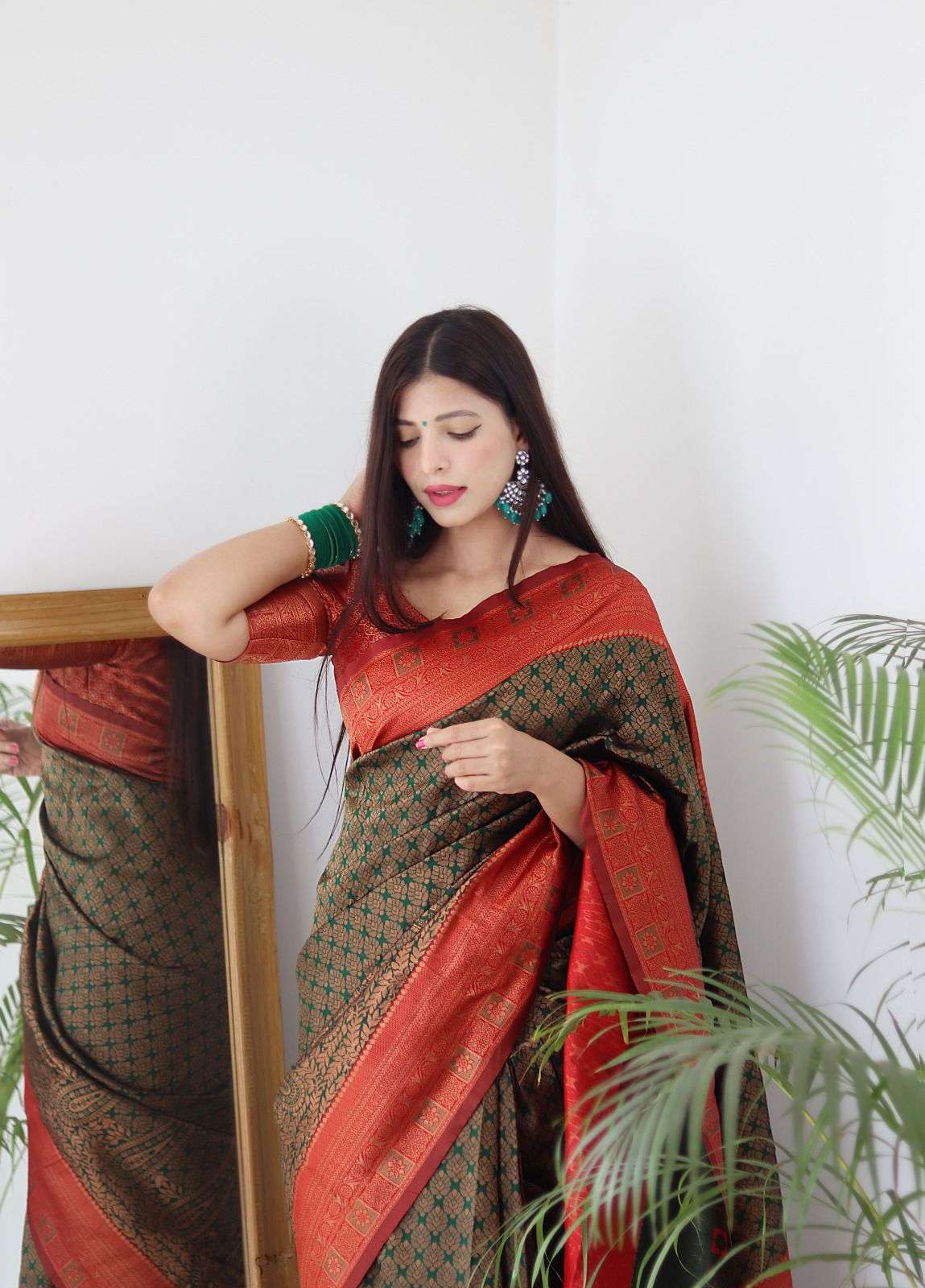 Dark Green And Red weaving Border Banarasi silk saree collec...