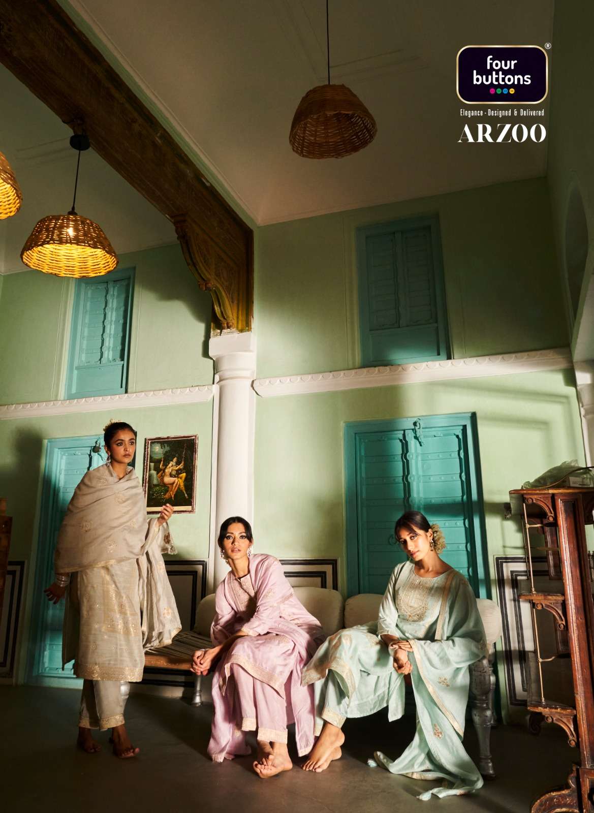 FOUR BUTTONS ARZOO LINEN RUSSIAN JACQUARD READYMADE SUITS WH...