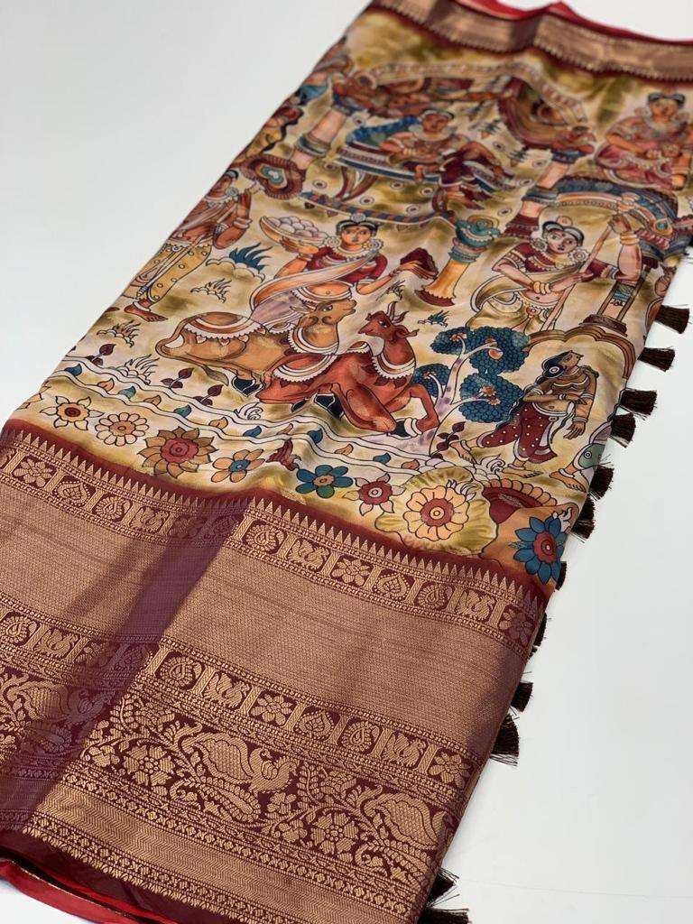 Keerthy vol 14 Banarasi silk with Kalamkari Printed Saree co...