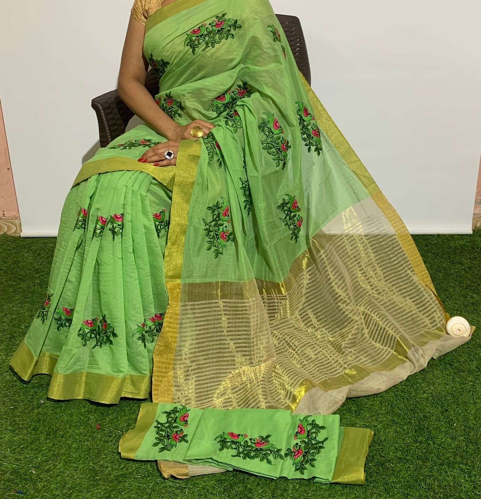 Linen with Birds Printed Saree collection at best rate