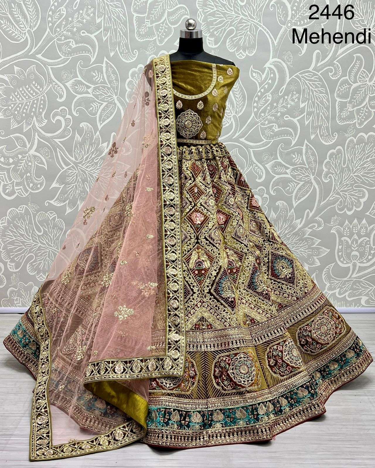 Mehendi Color Velvet with Heavy designer Bridal wear Designe...