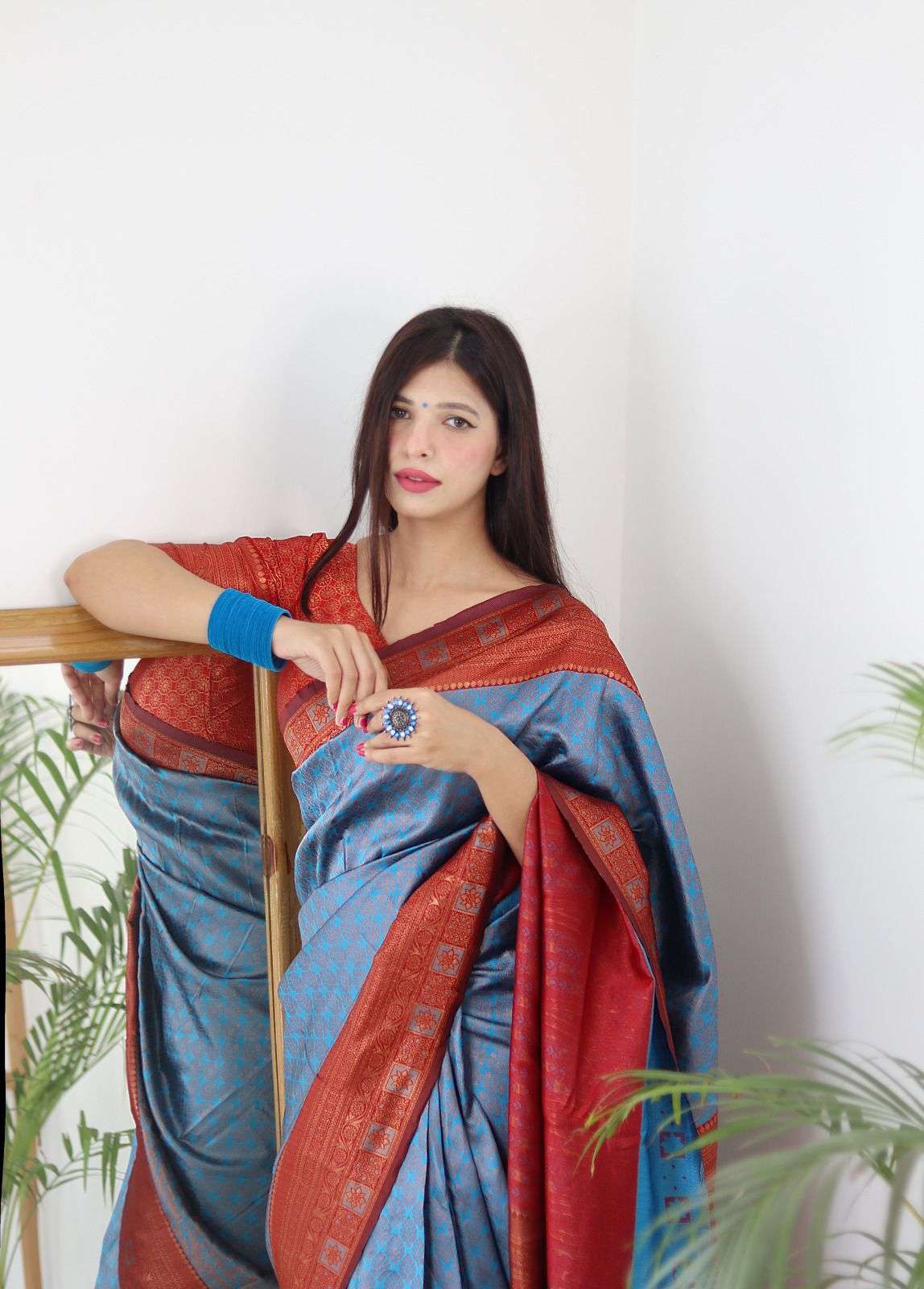 Soft banarasi silk Firozi And marron color Border saree coll...