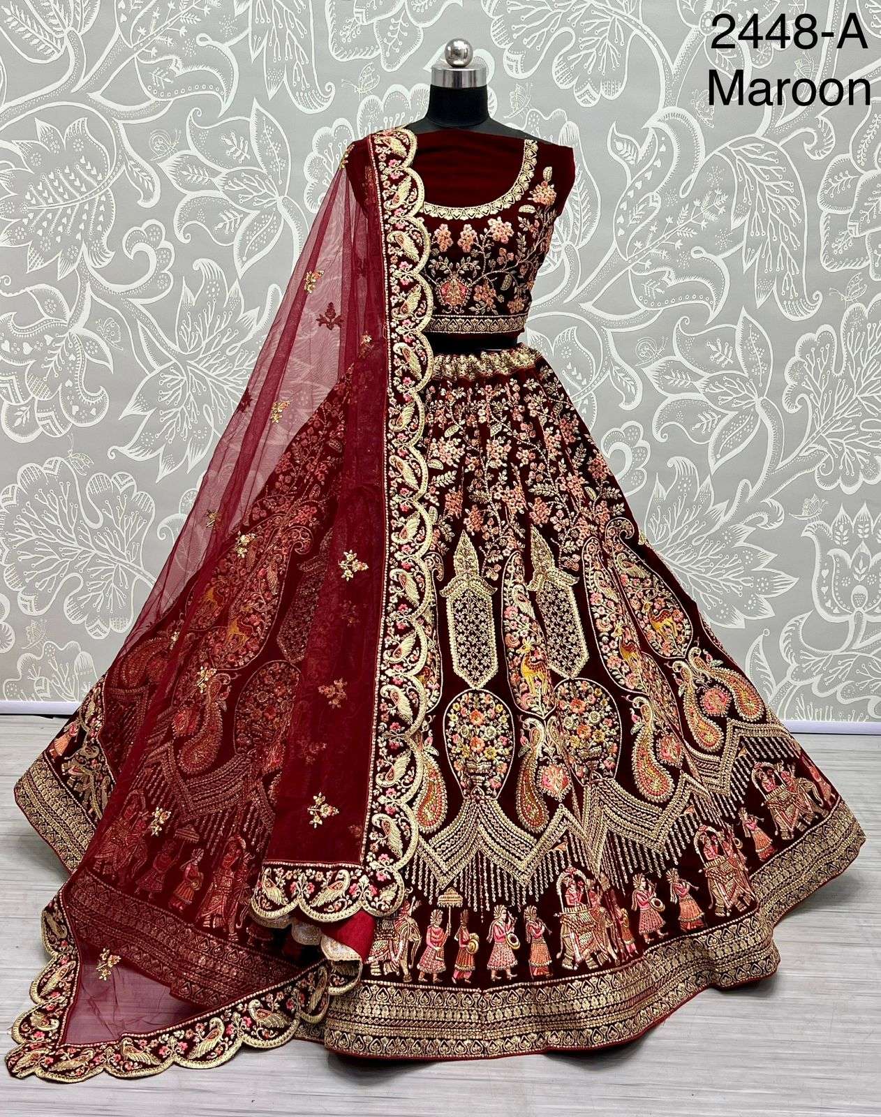 Velvet with heavy Thread work Designer Bridal wear lehenga c...