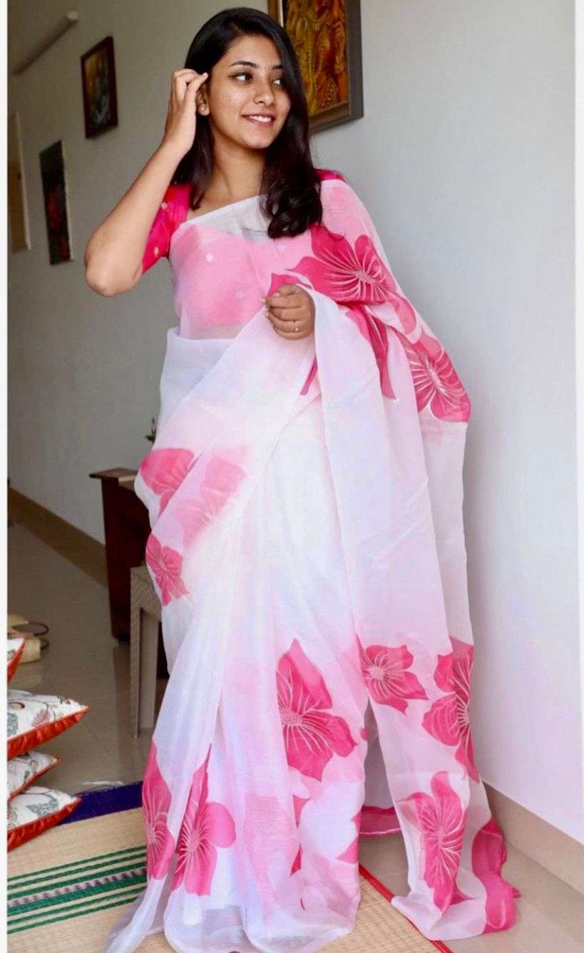 White Color Organza With Pink Flower Printed Saree collectio...