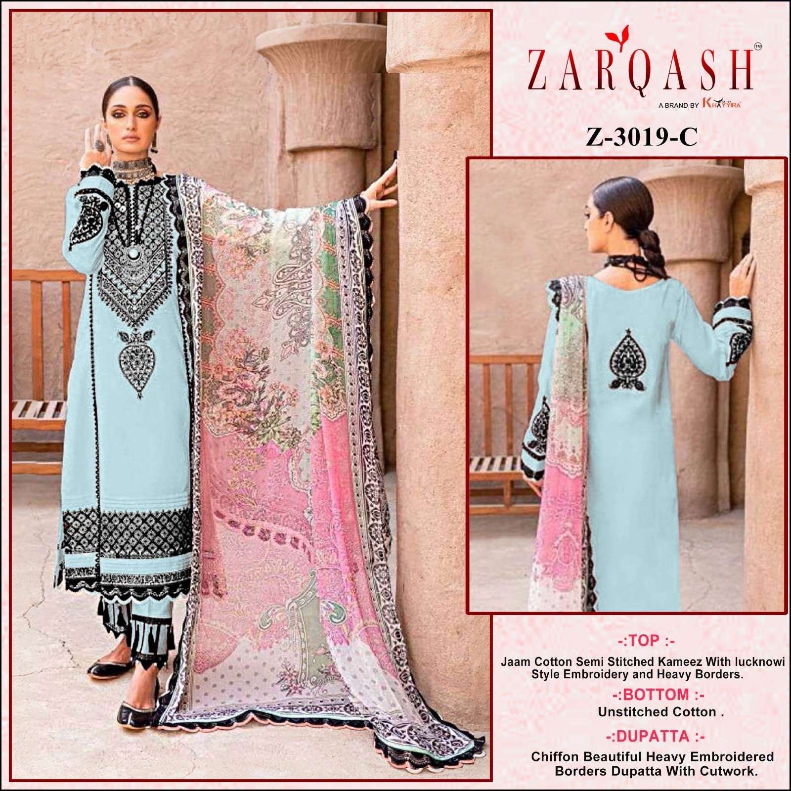 ZARQASH Z 3019 COTTON WITH EMBROIDERY SALWAR SUITS AT WHOLES...