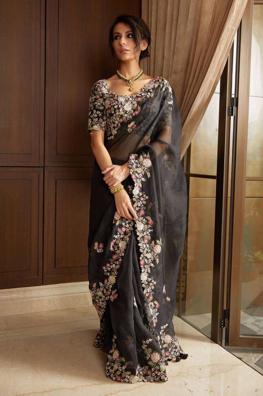 Black Color Organza with Embroidery work All over saree 