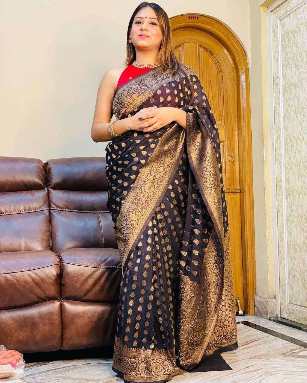 Black Color Soft Banarasi silk with All Over butti Design sa...