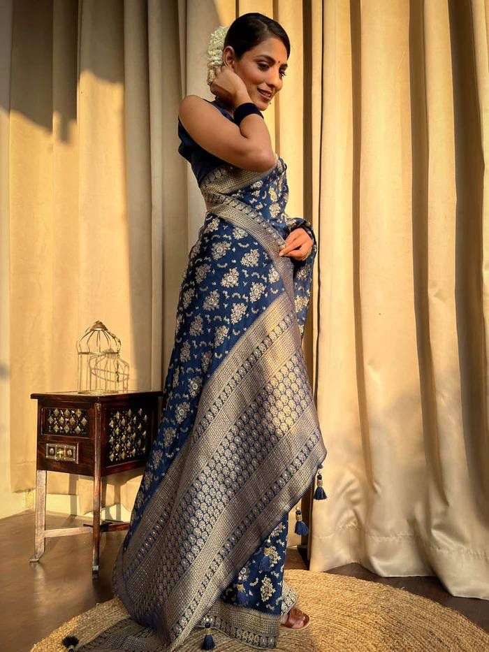 BLue color banarasi silk with COPPER ZARI WEAVING saree coll...