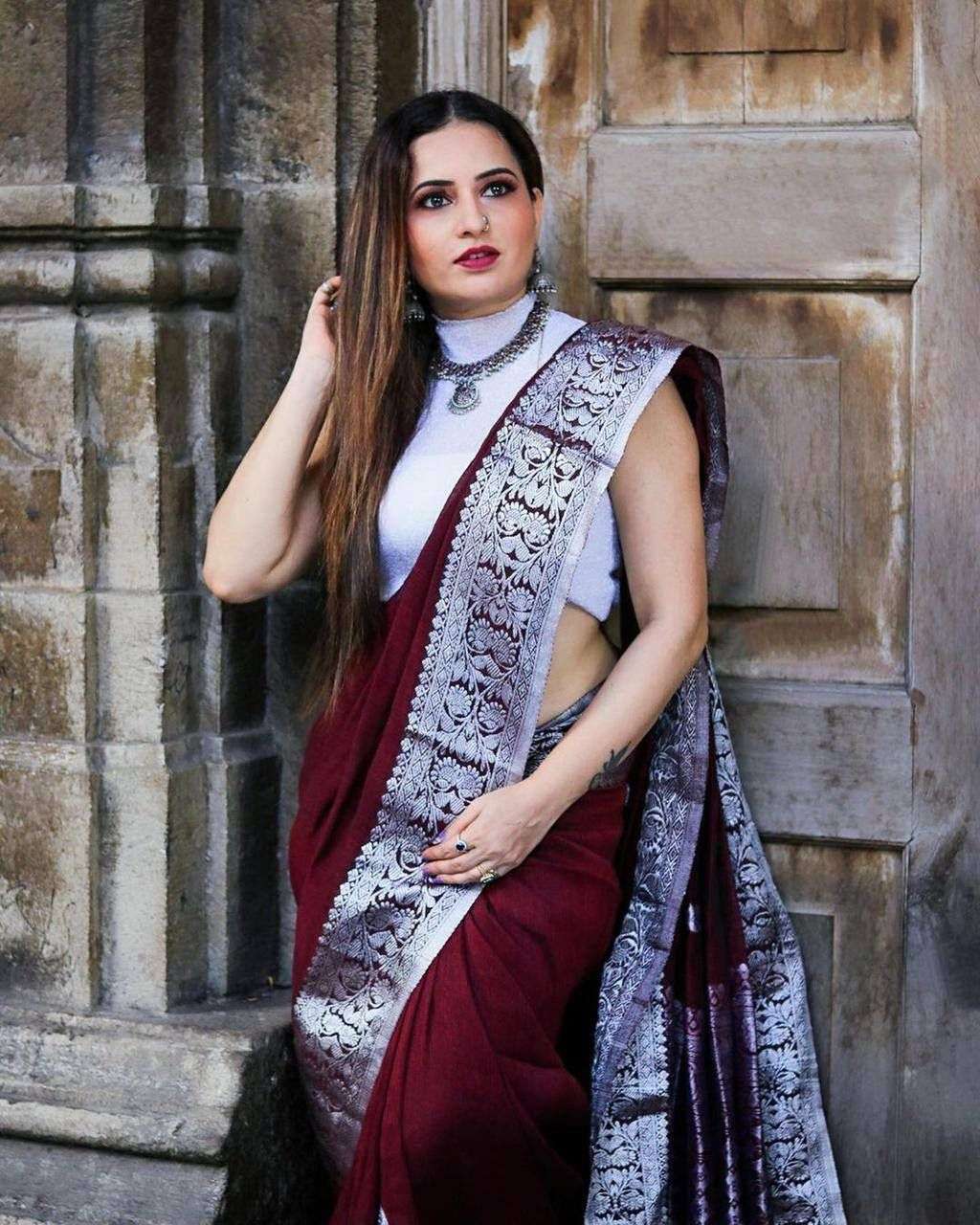 Brown Color Soft banarasi silk with weaving design saree col...