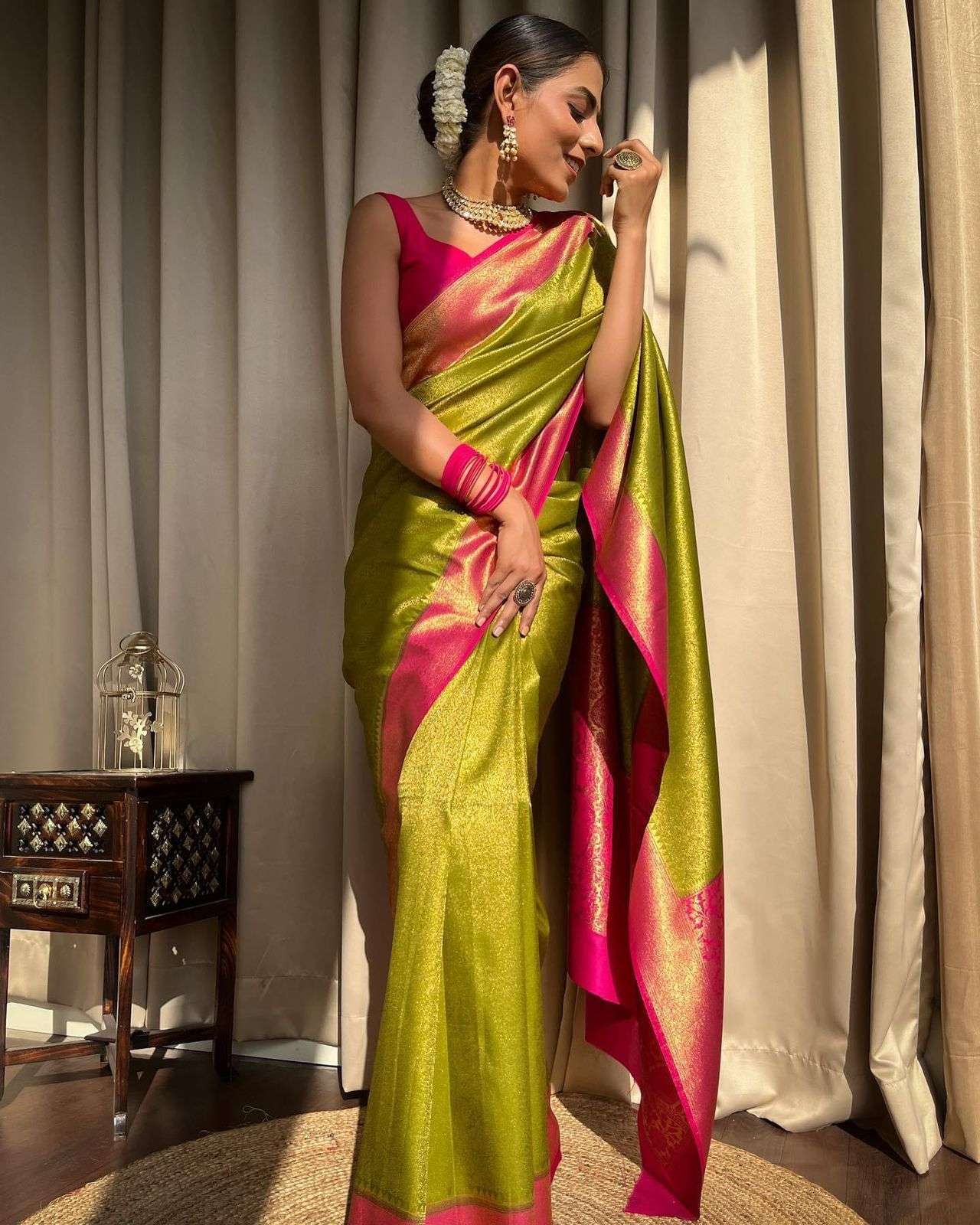 Lamon Yellow and Pink border Soft banarasi silk weaving desi...