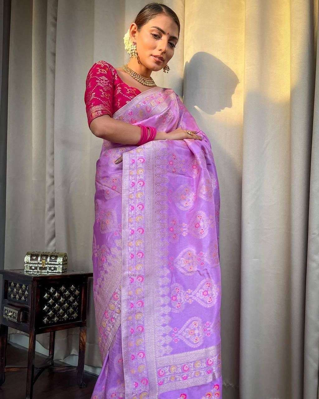 Lavender color banarasi silk with weaving design saree colle...
