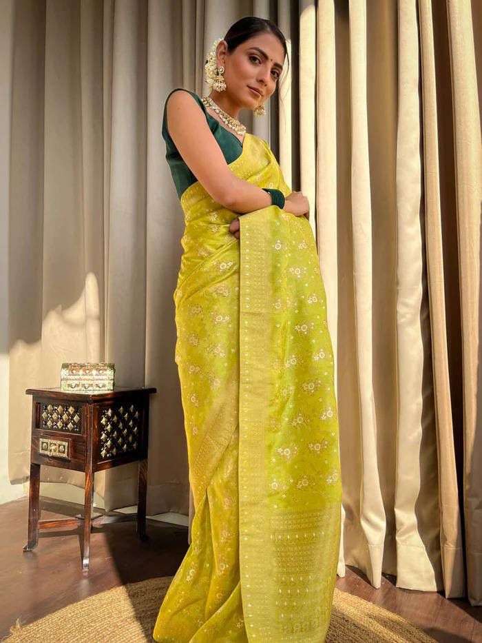 Mahendi Function Wear Green Shade soft banarasi silk saree c...