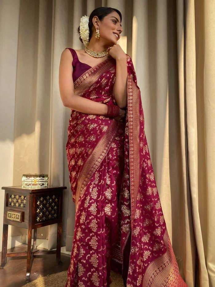 Maroon color banarasi silk with COPPER ZARI WEAVING saree co...