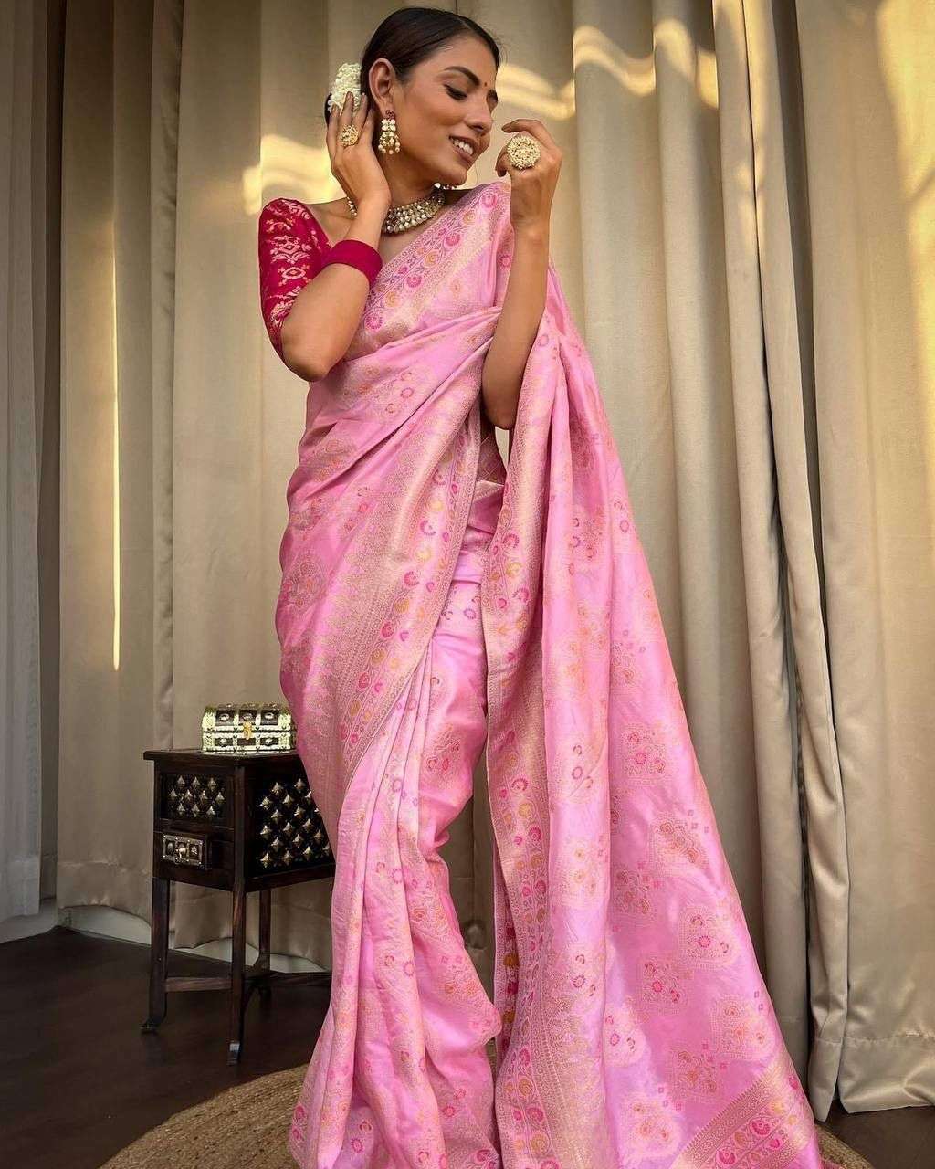 Onion Pink color with weaving design saree collection