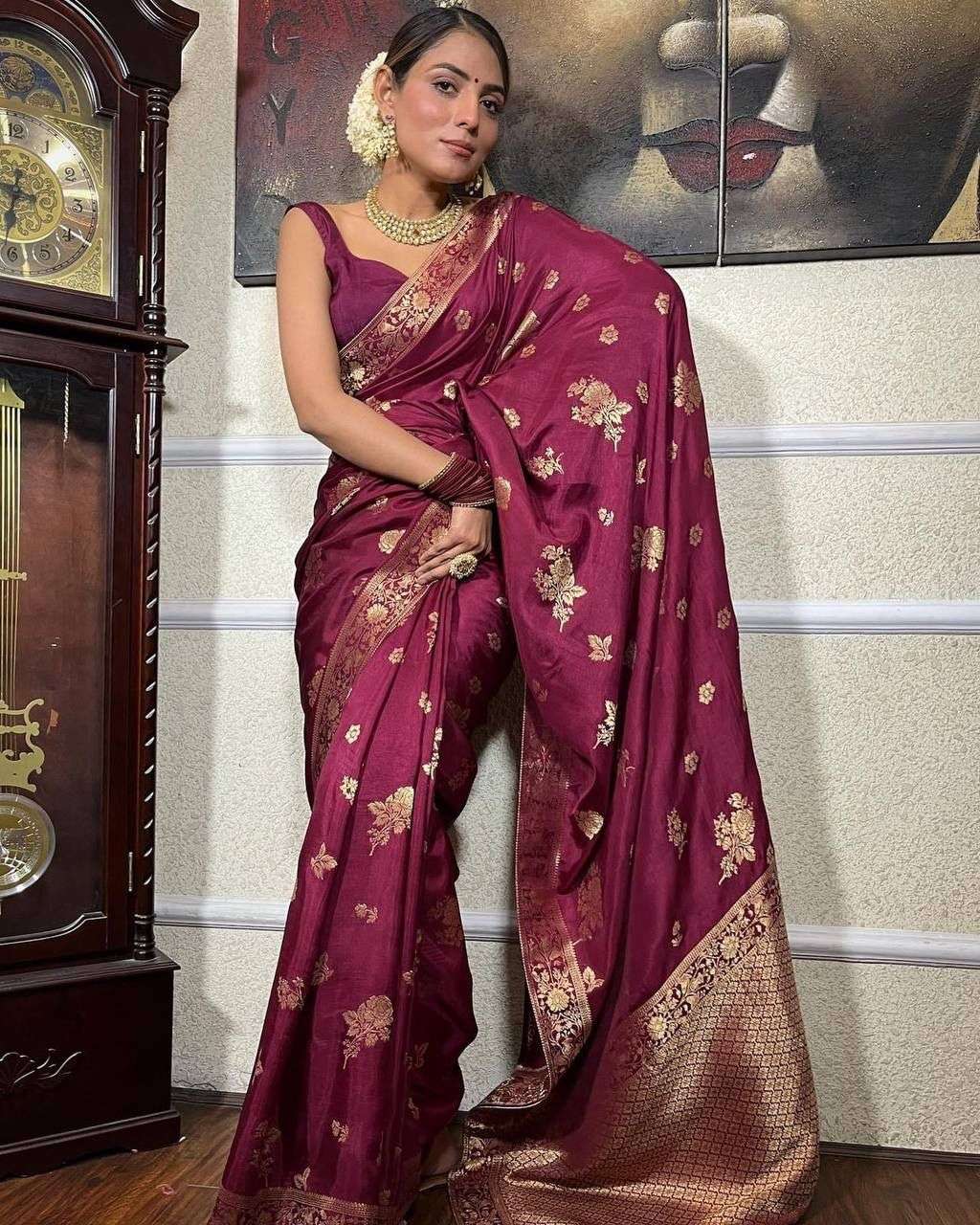 Party wear Wine color Soft banarasi silk with weaving design...
