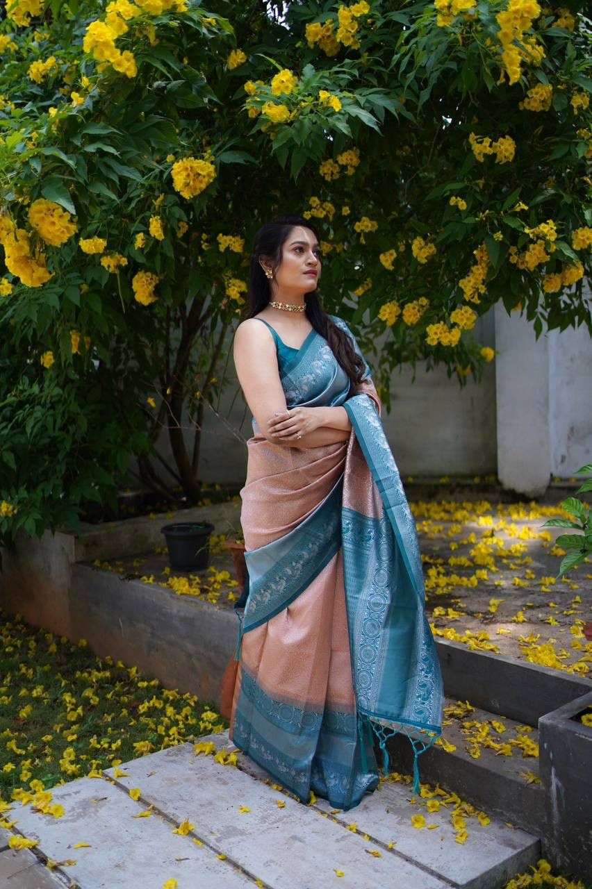 Peach Color Saree With Firozi Border Fancy Saree collection 
