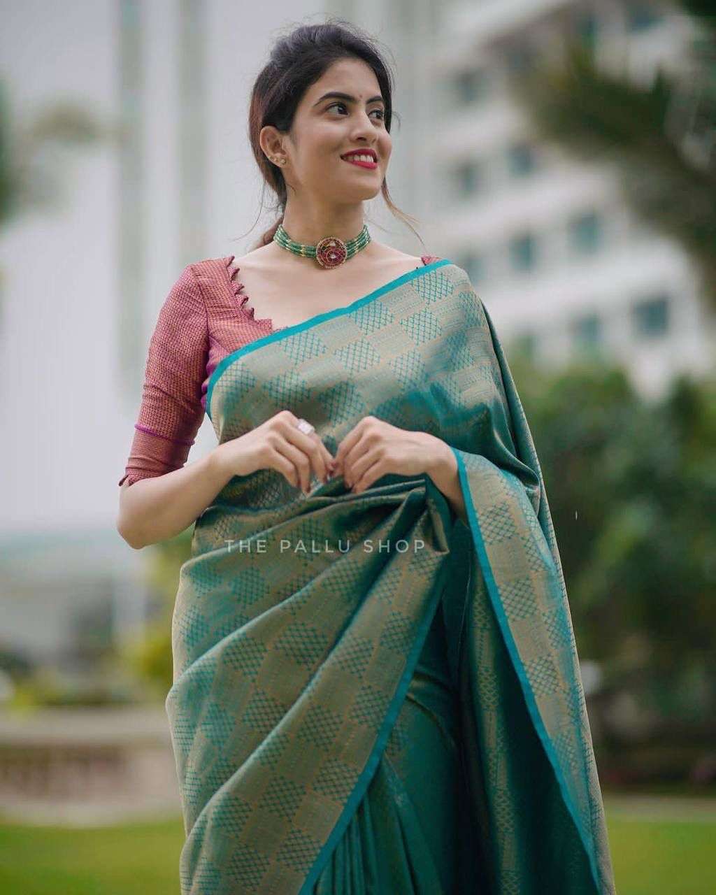 Rama color Soft banarasi silk with weaving Party wear saree ...