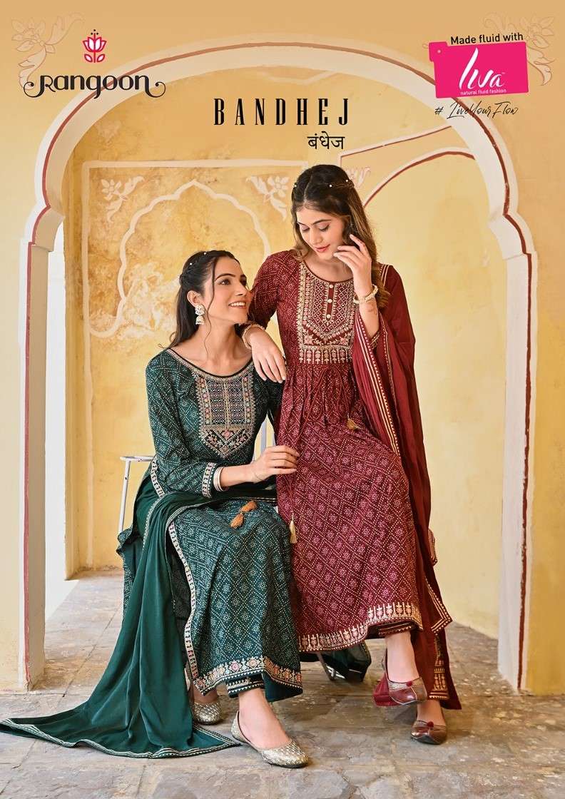 RANGOON BANDHEJ RAYON PRINT EMBROIDERY STITCHED SUITS AT WHO...