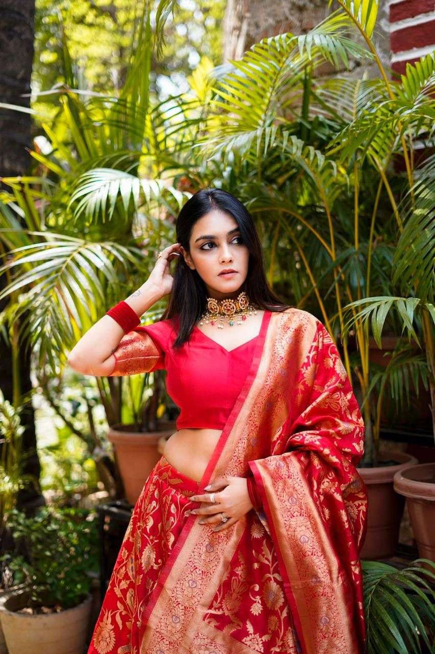 Red Color Banarasi silk weaving design lehenga choli collect...