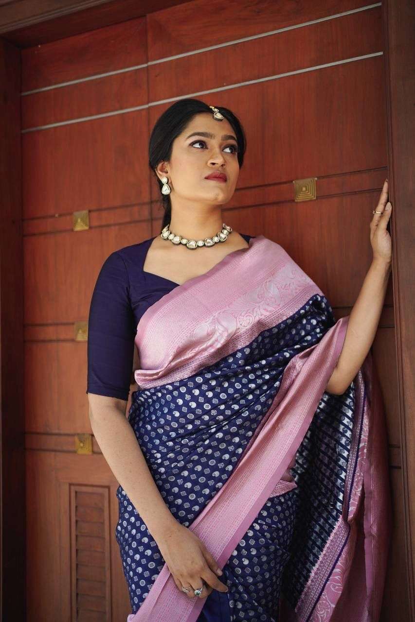 Royal BLue color banarasi silk with weaving design saree col...