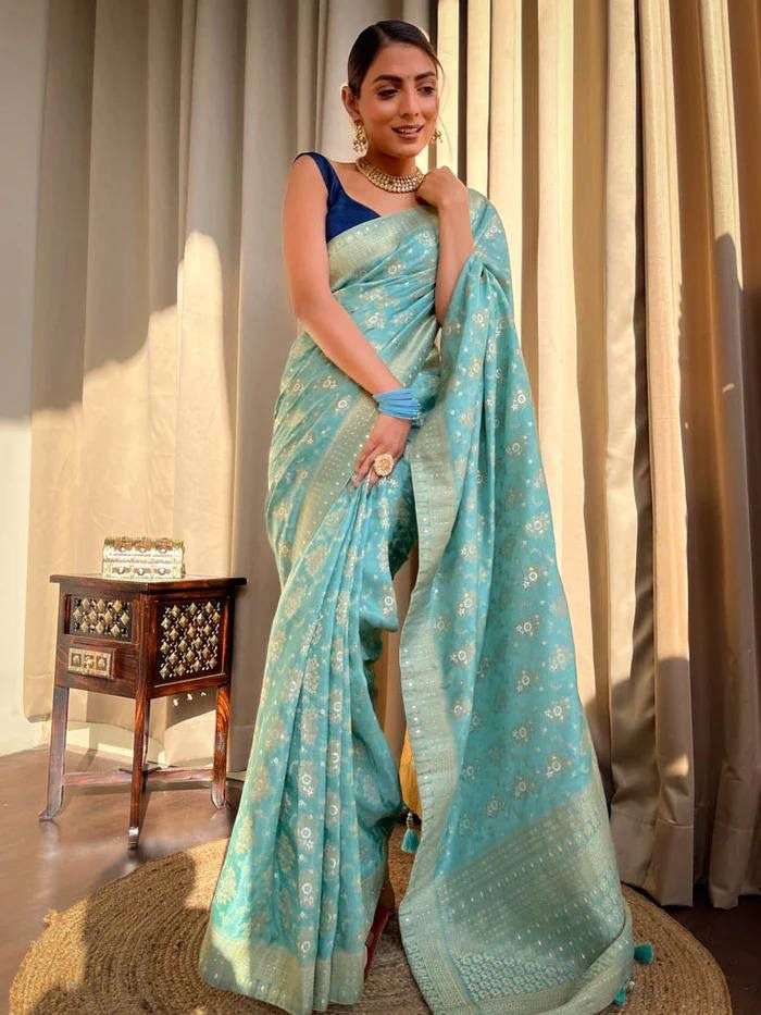 Sky blue color soft banarasi silk with rich Pallu design sar...