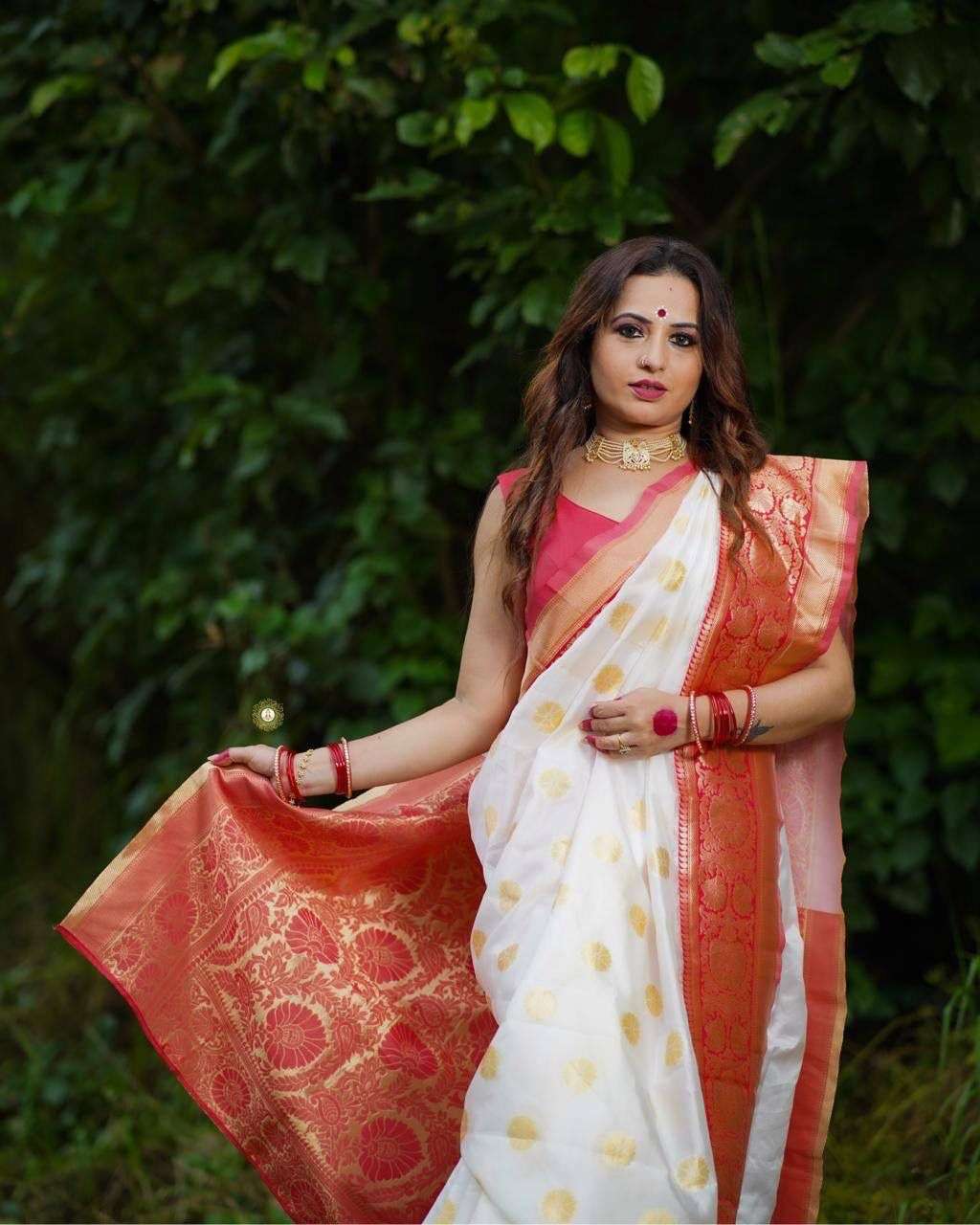 Soft Banarasi silk white & Red border Weaving design saree c...