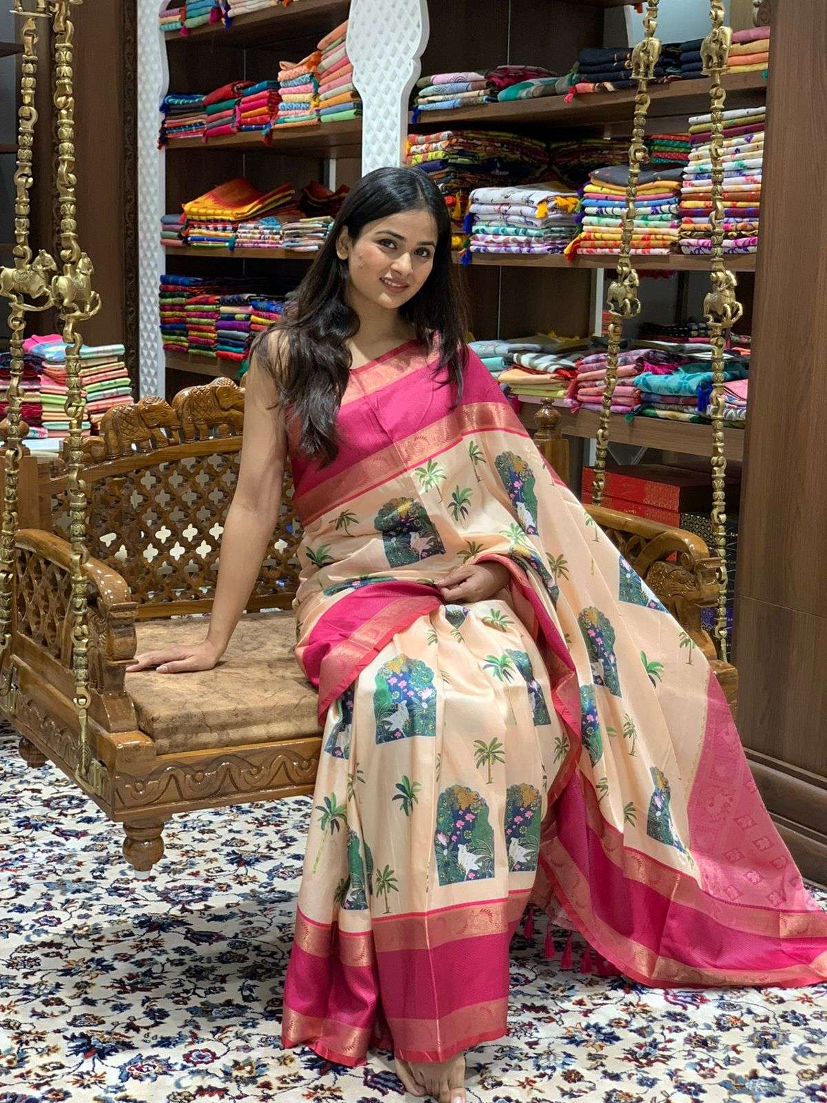 Soft SIlk with Kalamkari Style Printed Wedding wear saree co...