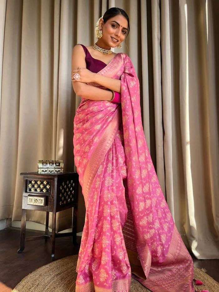 Traditional Look Baby Pink color banarasi silk with weaving ...