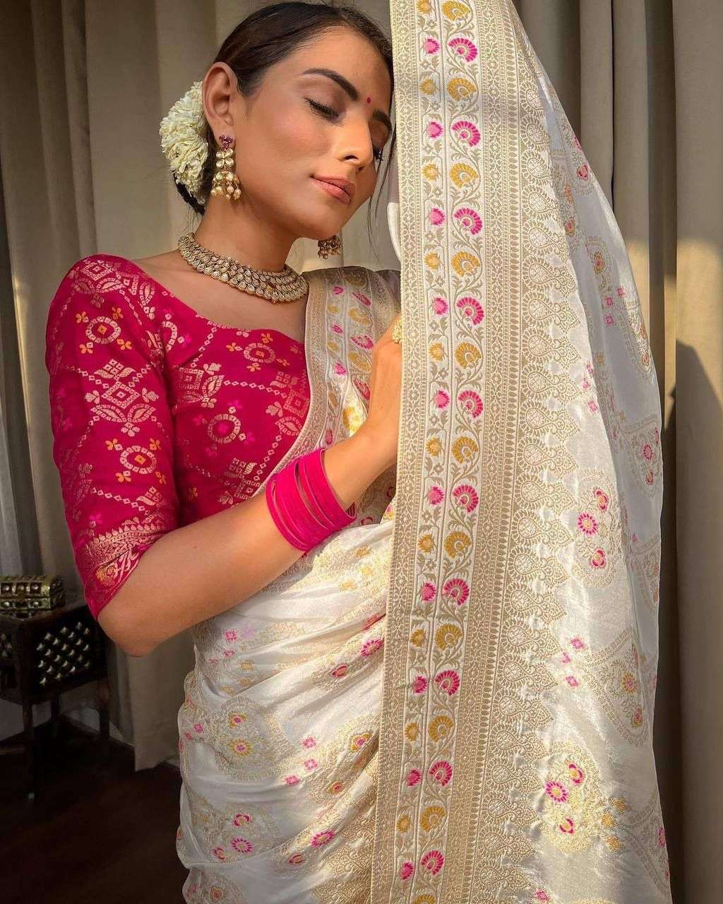 White color Banarasi silk with designer blouse saree collect...