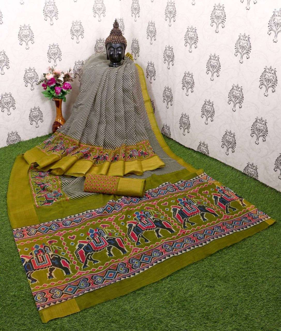Cotton Linen with Elephant printed regular wear saree collec...
