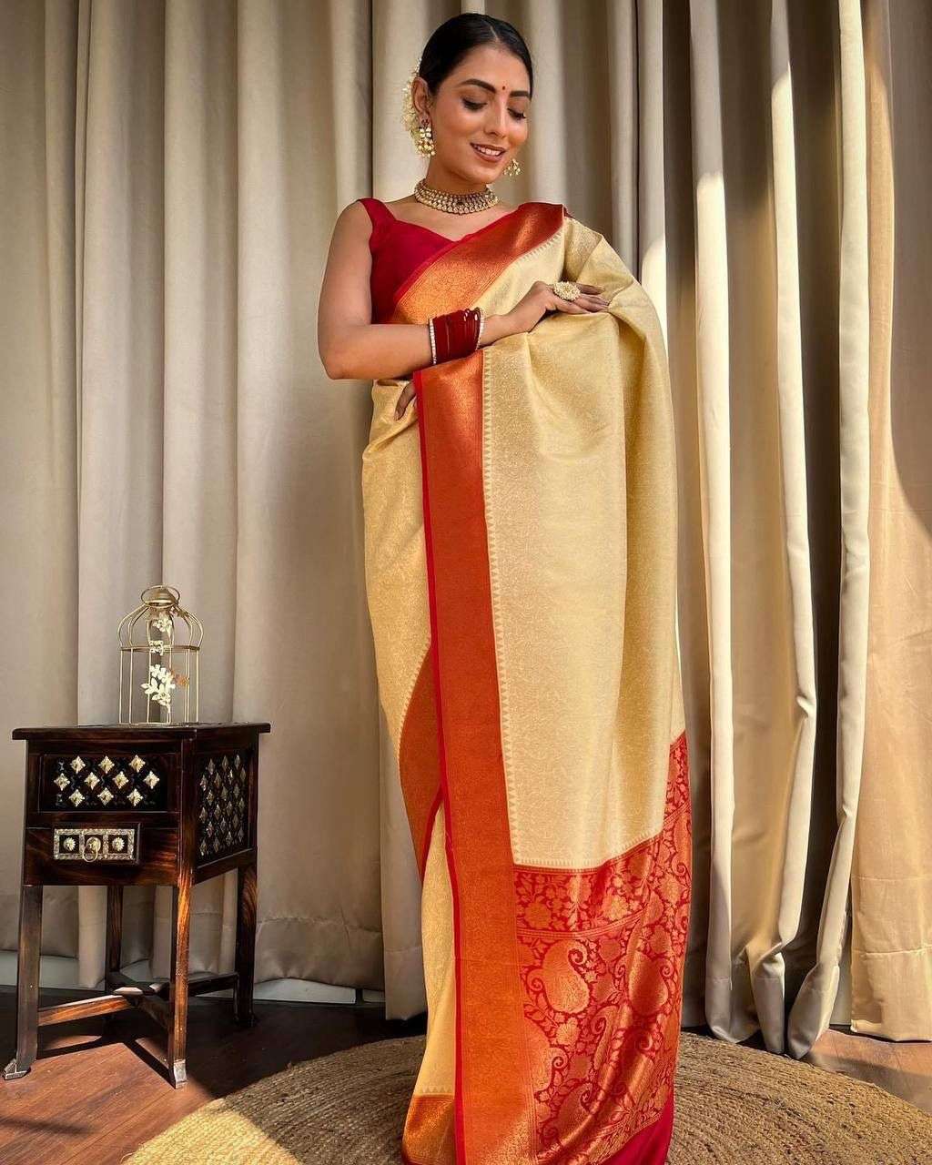 Cream & Orange color Ethnic Style Banarasi silk with weaving...
