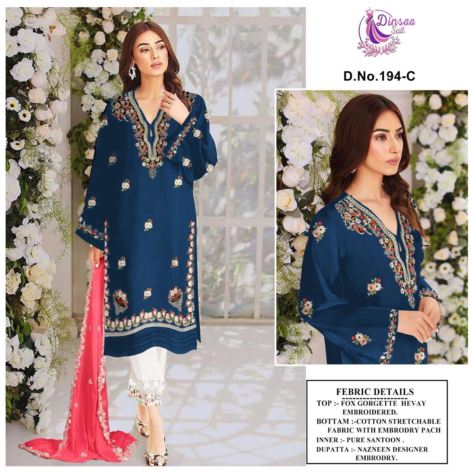 DINSAA SUITS 194 FAUX GEORGETTE EMBROIDERY STITCHED SALWAR S...