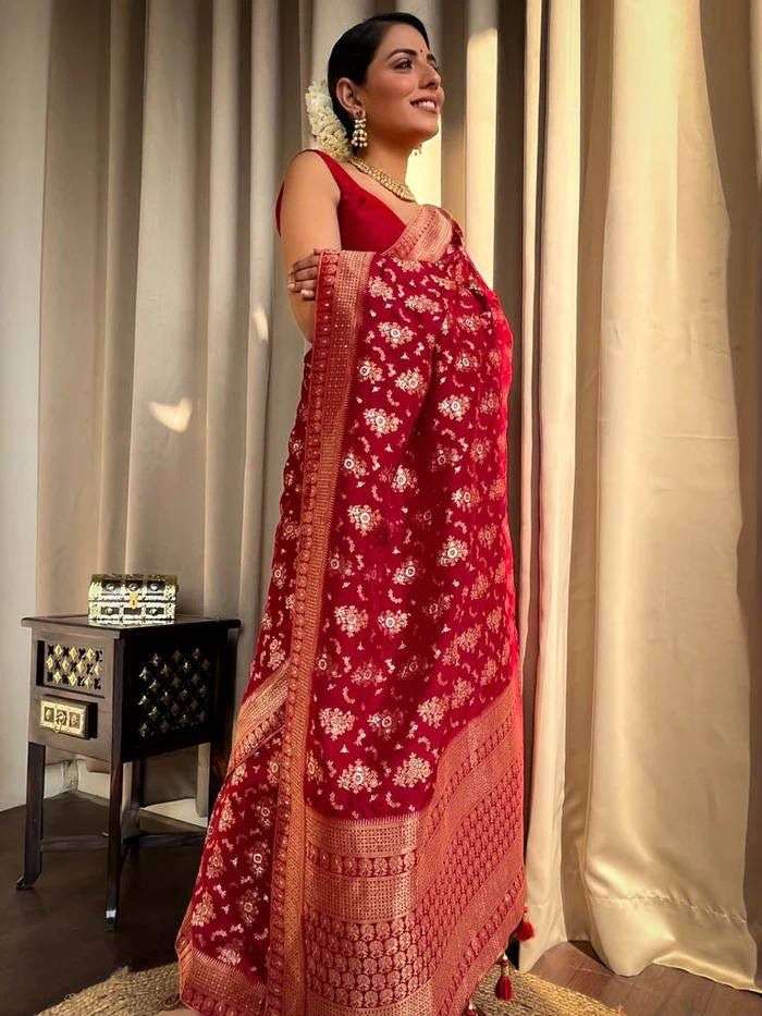 Festival Special Red color Banarasi silk with Zari weaving w...