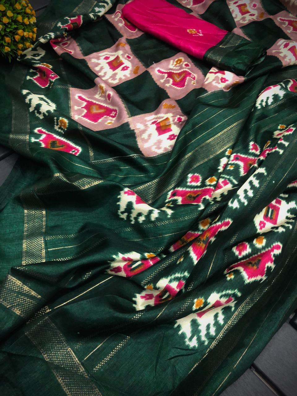 Green color Traditional Patola Printed Saree collection