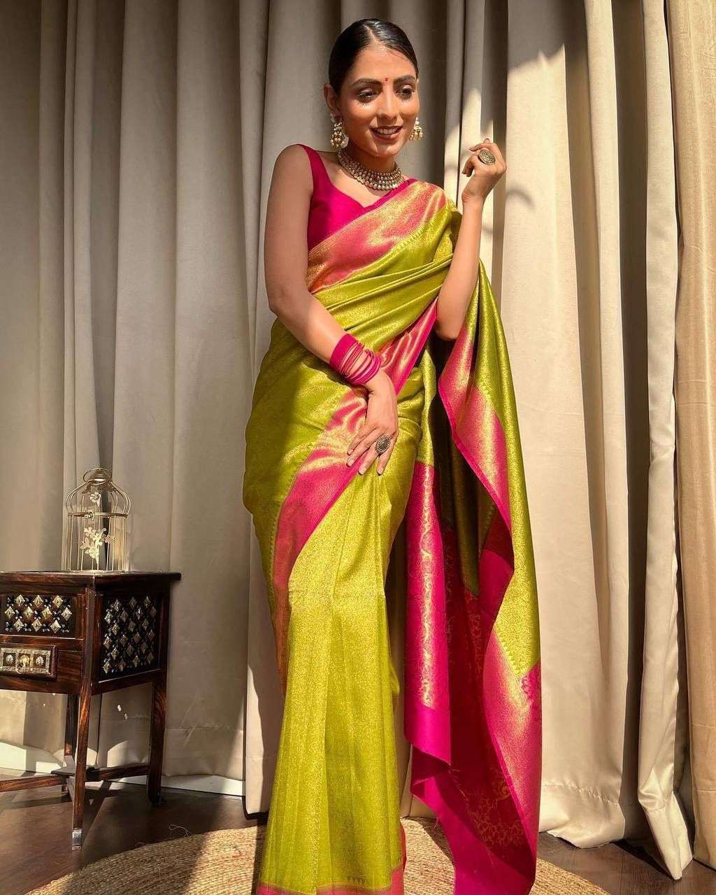 Lamon & Pink shade Traditional Look banarasi silk saree