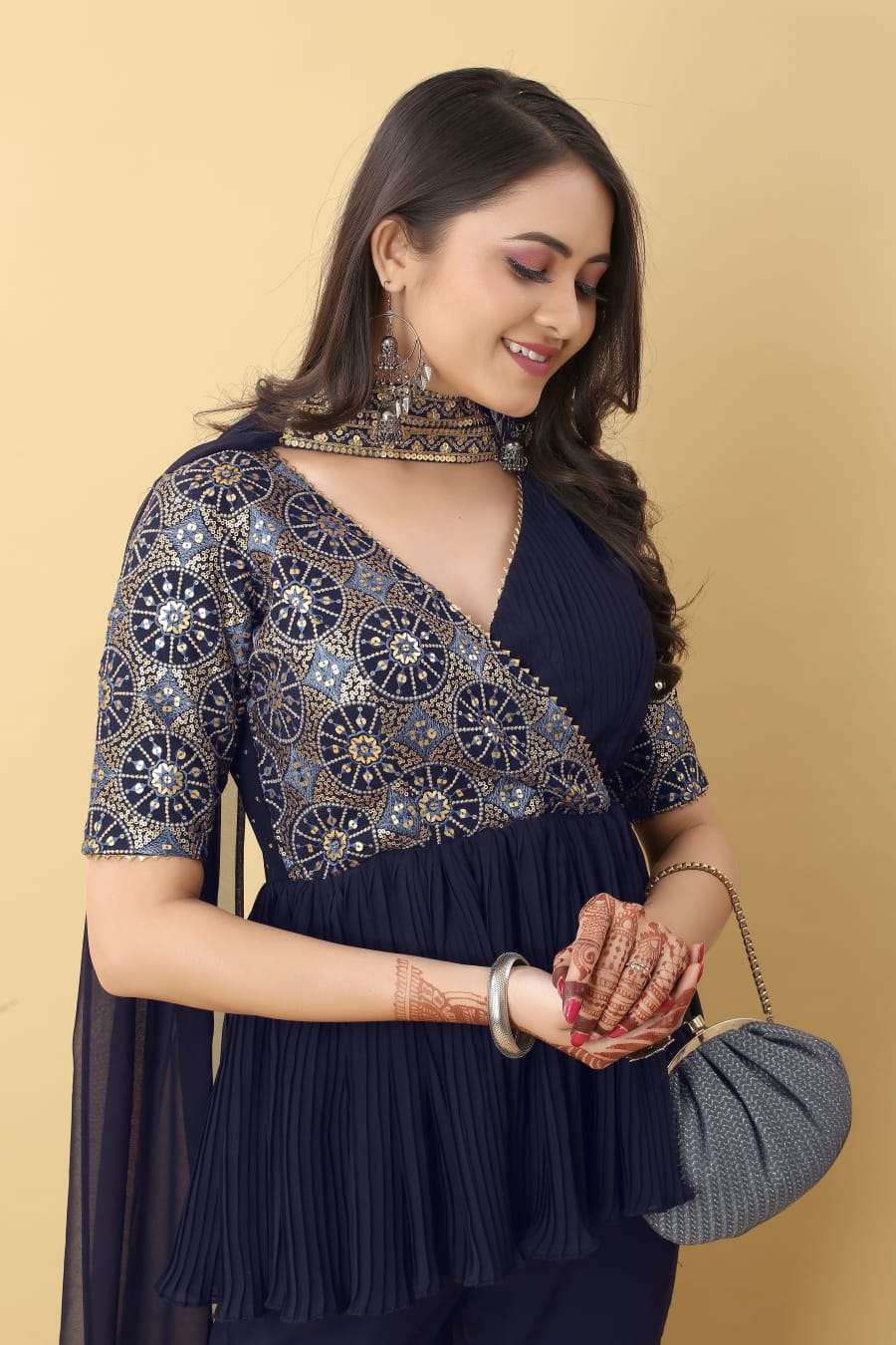 Navy Blue color Georgette with wester style Readymade suit c...