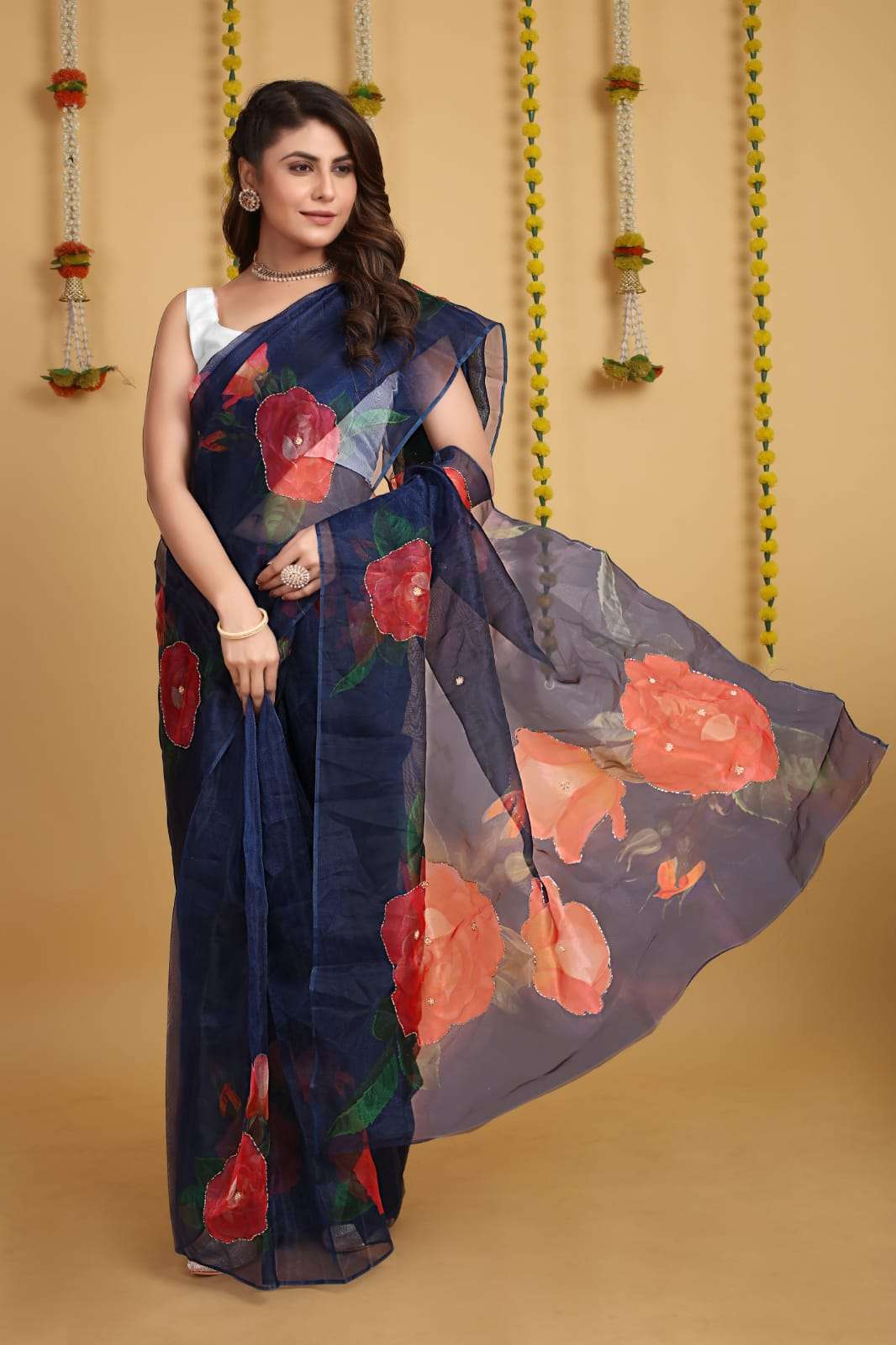 Navy Blue color Organza with Flower Print saree collection