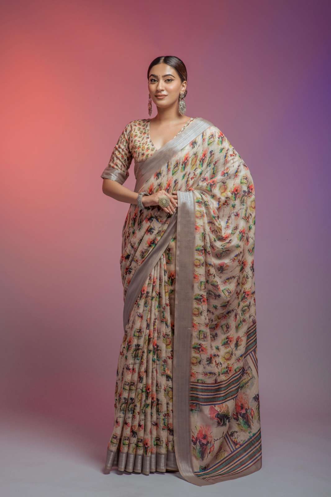 Rajpath Della Linen With Zari Border With Multicolor Digital...