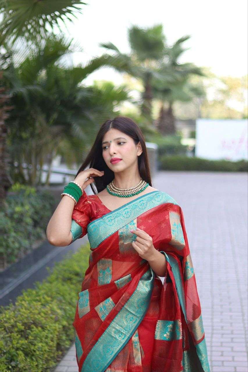 Red Color Orgazna silk with Fancy look saree collection