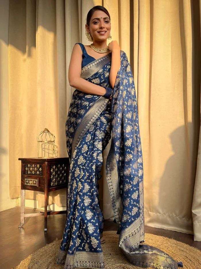 Royal blue color Soft banarasi silk with weaving design sare...