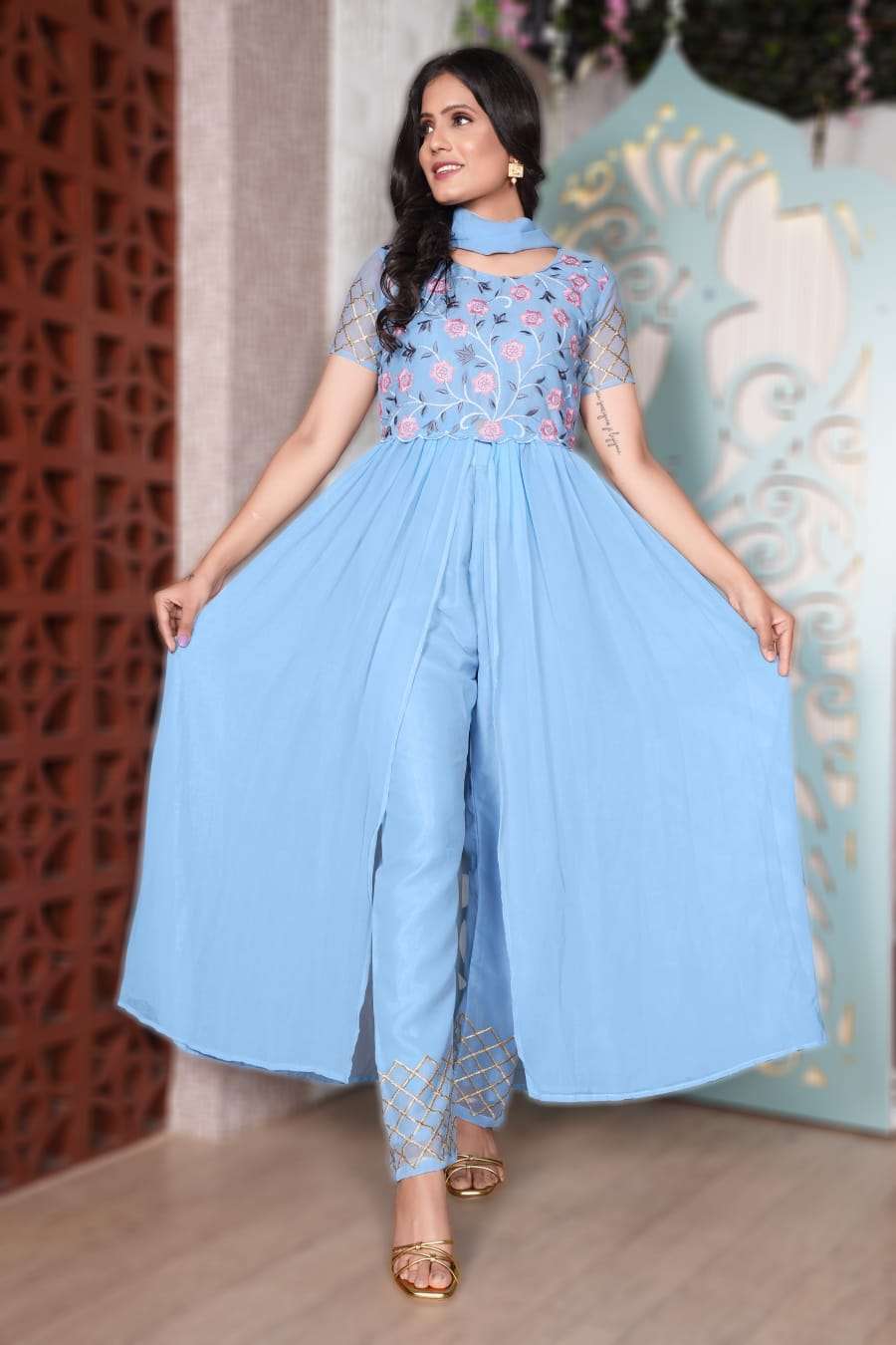 Sky blue color Georgette with fancy handwork readymade suit ...