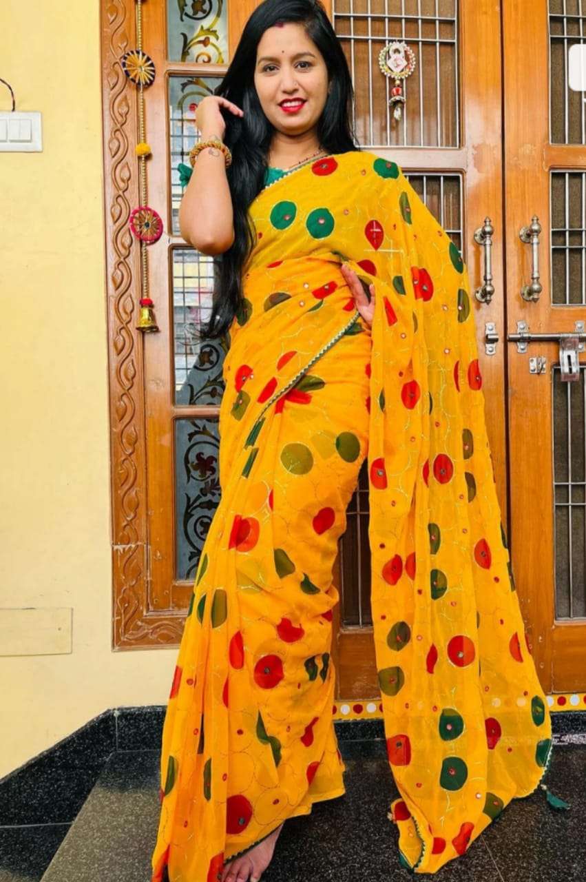 Yellow color Georgette with Foil printed attech mirror work ...